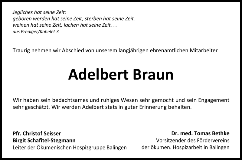  Traueranzeige für Adelbert Braun vom 10.10.2023 aus Schwarzwälder Bote