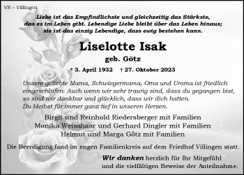 Traueranzeige von Liselotte Isak von Schwarzwälder Bote