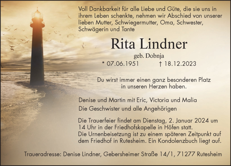  Traueranzeige für Rita Lindner vom 23.12.2023 aus Schwarzwälder Bote