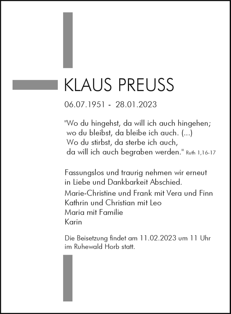 Traueranzeigen von Klaus Preuss Schwarzwälder Bote Trauer