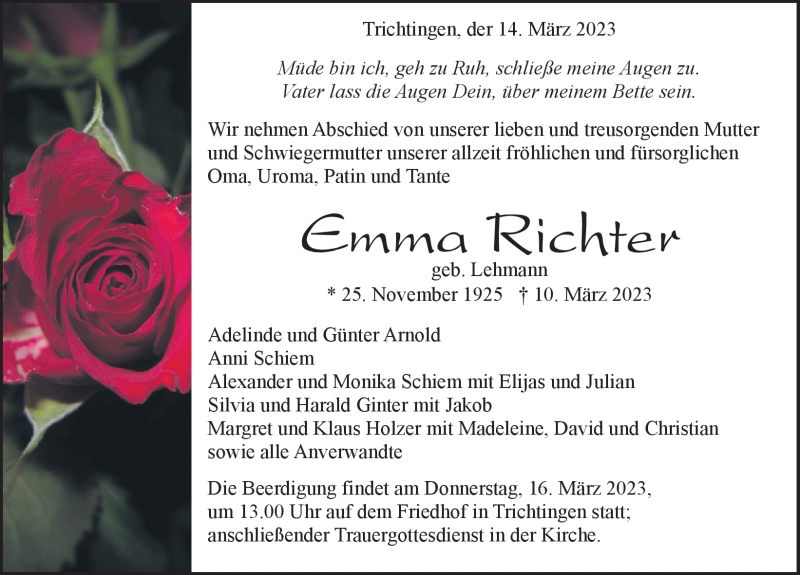  Traueranzeige für Emma Richter vom 14.03.2023 aus Schwarzwälder Bote