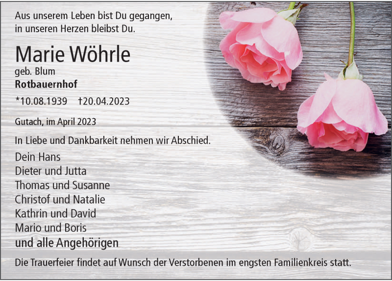 Traueranzeigen von Marie Wöhrle Schwarzwälder Bote Trauer