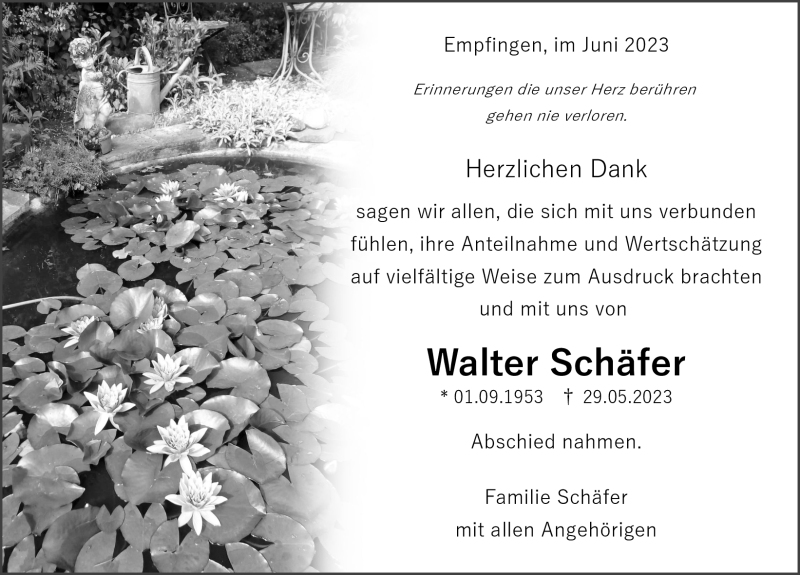 Traueranzeigen von Walter Schäfer | Schwarzwälder Bote Trauer