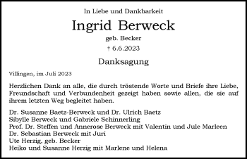 Traueranzeige von Irmgard Berweck von Schwarzwälder Bote