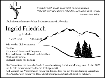 Traueranzeige von Ingrid Friedrich von Schwarzwälder Bote