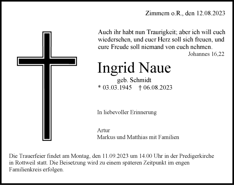  Traueranzeige für Ingrid Naue vom 12.08.2023 aus Schwarzwälder Bote