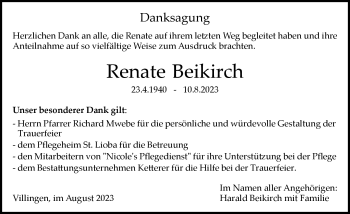 Traueranzeige von Renate Beikirch von Schwarzwälder Bote