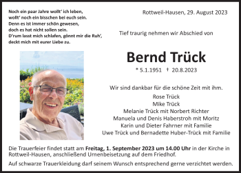 Traueranzeige von Bernd Trück von Schwarzwälder Bote