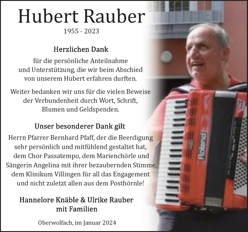  Traueranzeige für Hubert Rauber vom 20.01.2024 aus Schwarzwälder Bote