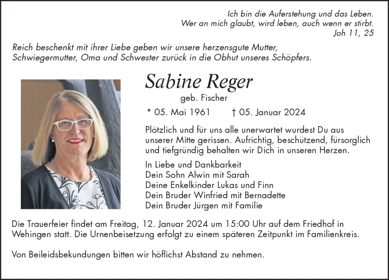  Traueranzeige für Sabine Reger vom 10.01.2024 aus Schwarzwälder Bote