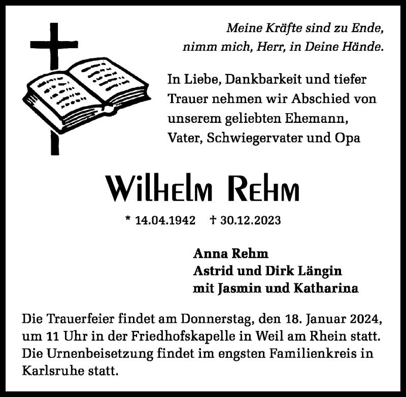  Traueranzeige für Wilhelm Rehm vom 13.01.2024 aus Schwarzwälder Bote