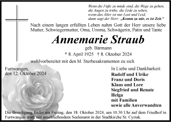 Traueranzeige von Annemarie Straub von Schwarzwälder Bote