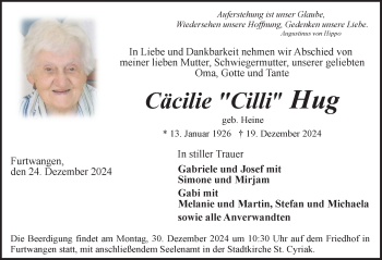 Traueranzeige von Cäcilie Hug von Schwarzwälder Bote