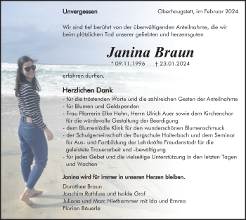 Traueranzeige von Janina Braun von Schwarzwälder Bote
