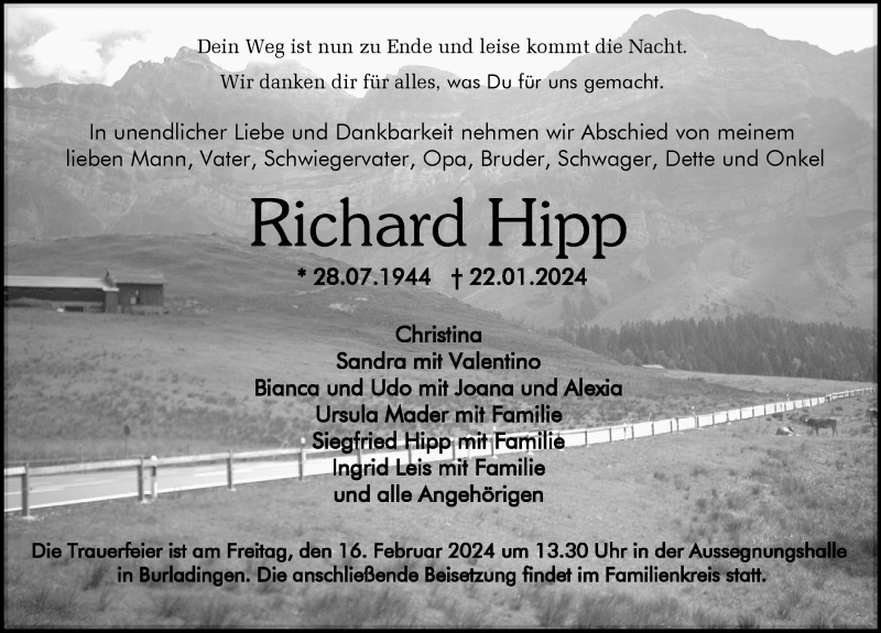  Traueranzeige für Richard Hipp vom 10.02.2024 aus Schwarzwälder Bote