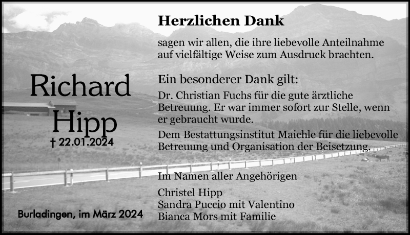  Traueranzeige für Richard Hipp vom 02.03.2024 aus Schwarzwälder Bote