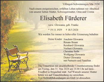 Traueranzeige von Elisabeth Fürderer von Schwarzwälder Bote