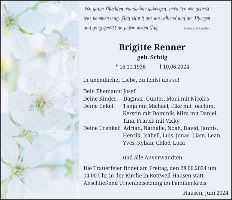 Traueranzeigen von Brigitte Renner | Schwarzwälder Bote Trauer