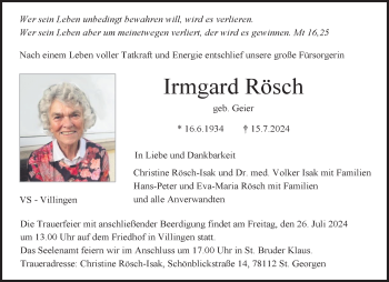 Traueranzeige von Irmgard Rösch von Schwarzwälder Bote