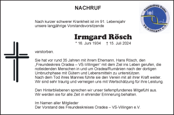 Traueranzeige von Irmgard Rösch von Schwarzwälder Bote