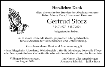 Traueranzeige von Gertrud Storz von Schwarzwälder Bote