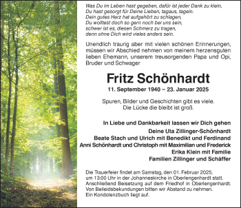 Traueranzeige von Fritz Schönhardt von Schwarzwälder Bote