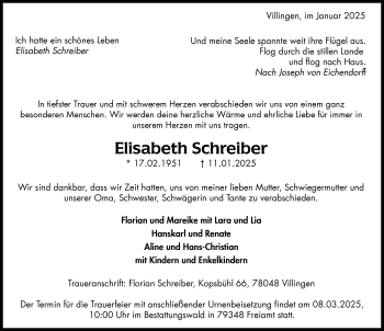 Traueranzeige von Elisabeth Schreiber von Schwarzwälder Bote