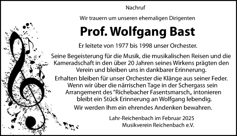 Traueranzeige für Wolfgang Bast vom 27.02.2025 aus Schwarzwälder Bote