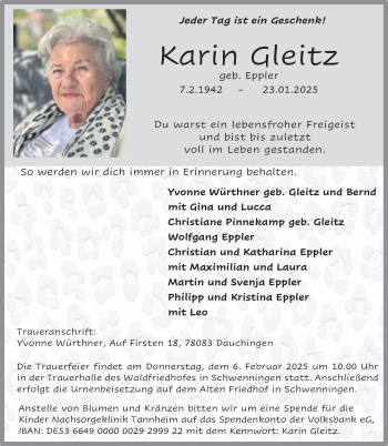 Traueranzeige von Karin Gleitz von Schwarzwälder Bote
