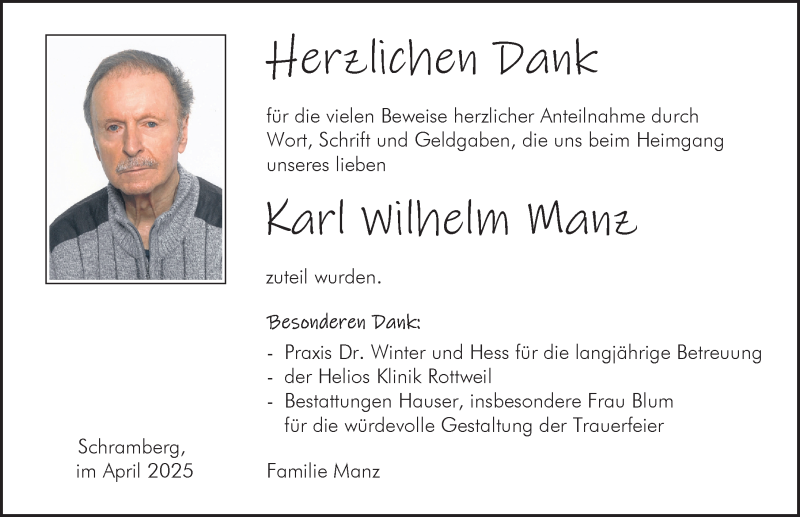  Traueranzeige für Karl Wilhelm Manz vom 02.04.2025 aus Schwarzwälder Bote