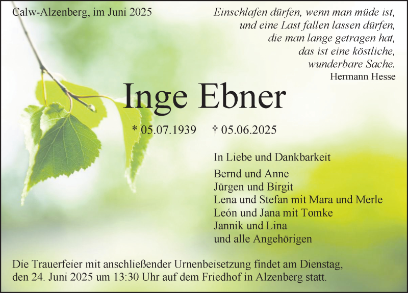  Traueranzeige für Inge Ebner vom 21.06.2025 aus Schwarzwälder Bote
