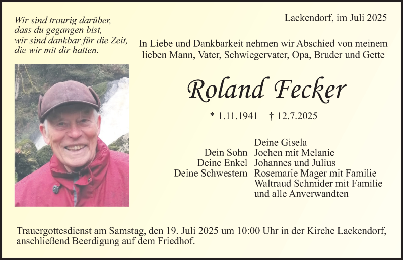  Traueranzeige für Roland Fecker vom 17.07.2025 aus Schwarzwälder Bote
