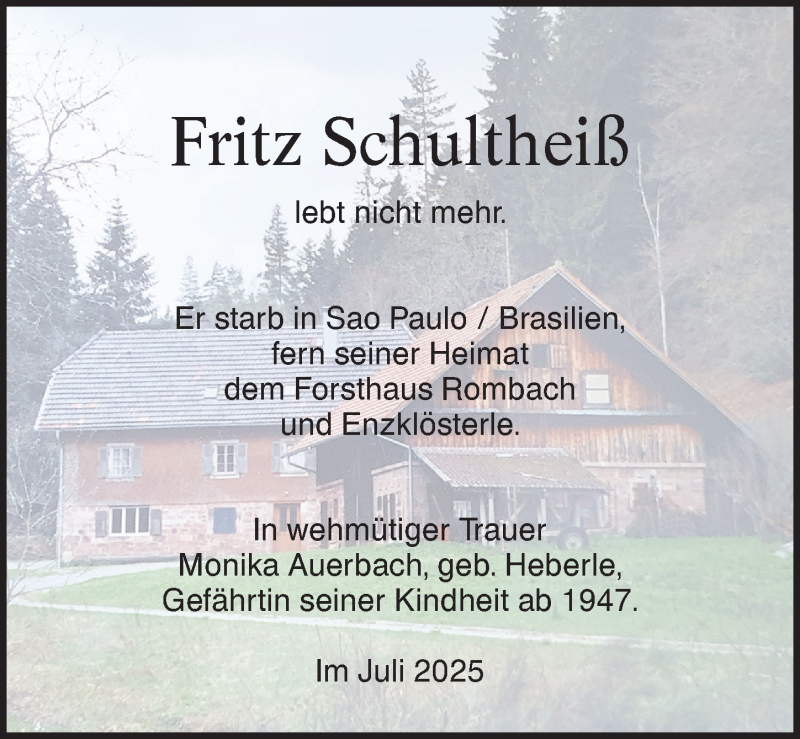  Traueranzeige für Fritz Schultheiß vom 05.07.2025 aus Schwarzwälder Bote