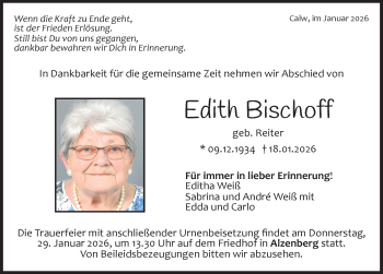 Traueranzeige von Edith Bischoff von Schwarzwälder Bote