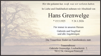 Traueranzeige von Hans Grenwelge von Schwarzwälder Bote