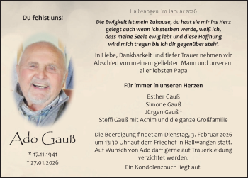 Traueranzeige von Ado Gauß von Schwarzwälder Bote