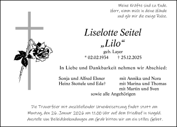 Traueranzeige von Liselotte Seitel von Schwarzwälder Bote
