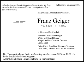 Traueranzeige von Franz Geiger von Schwarzwälder Bote