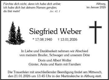 Traueranzeige von Siegfried Weber von Schwarzwälder Bote