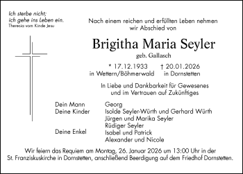 Traueranzeige von Brigitha Maria Seyler von Schwarzwälder Bote