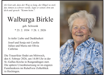 Traueranzeige von Walburga Birkle von Schwarzwälder Bote