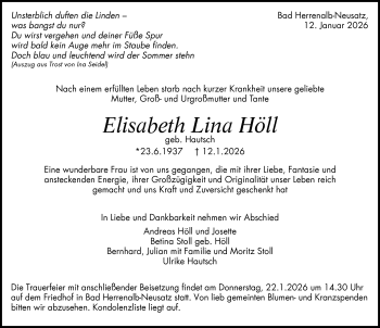 Traueranzeige von Elisabeth Lina Höll von Schwarzwälder Bote
