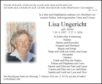 Traueranzeige von Lisa Ungericht von Schwarzwälder Bote