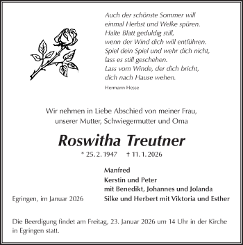 Traueranzeige von Roswitha Treutner von Schwarzwälder Bote