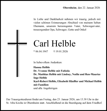 Traueranzeige von Carl Helble von Schwarzwälder Bote