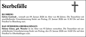 Traueranzeige von Totentafel vom 22.01.2026  von Schwarzwälder Bote