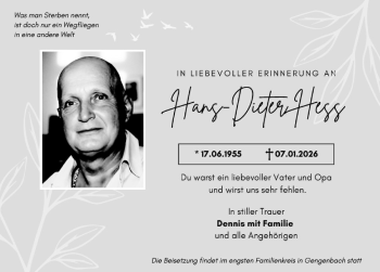 Traueranzeige von Hans Dieter Hess von Schwarzwälder Bote