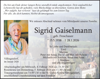 Traueranzeige von Sigrid Gaiselmann von Schwarzwälder Bote