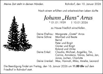 Traueranzeige von Johann Arras von Schwarzwälder Bote