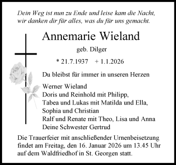 Traueranzeige von Annemarie Wieland von Schwarzwälder Bote
